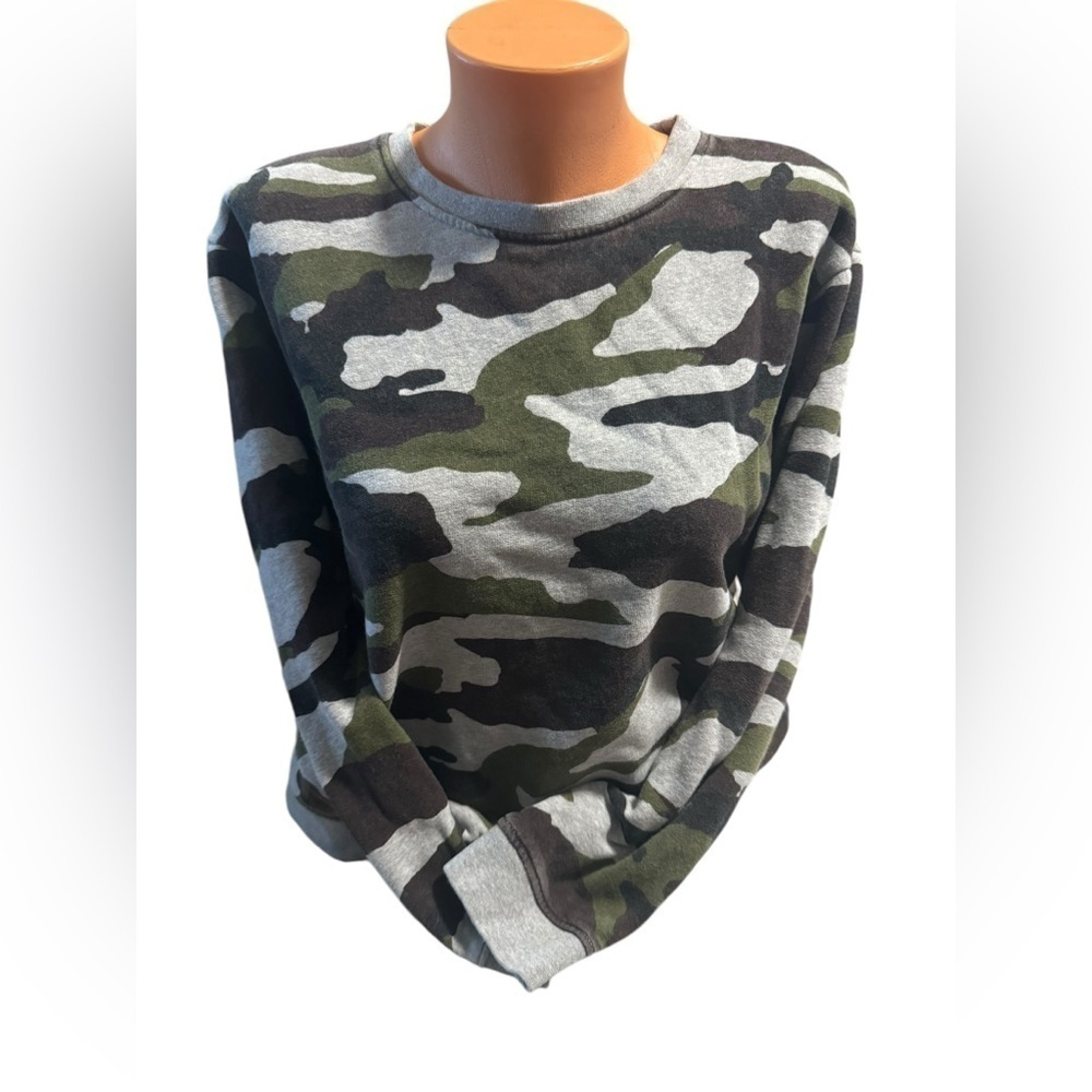 Kule Women's Medium 100% ORGANIC COTTON FLEECE Camo Sweatshirt Pullover Green